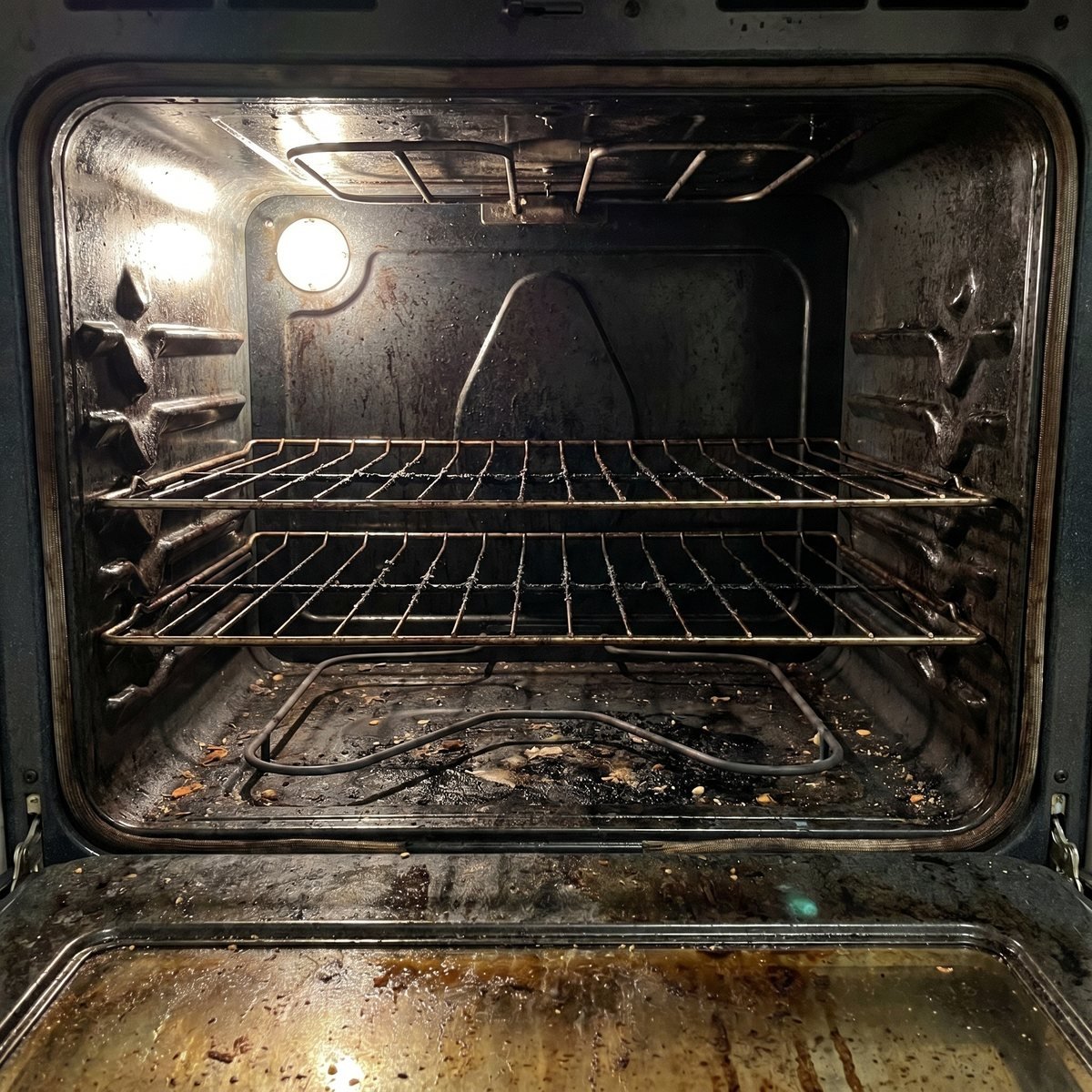 Oven before cleaning, with baked-on grease